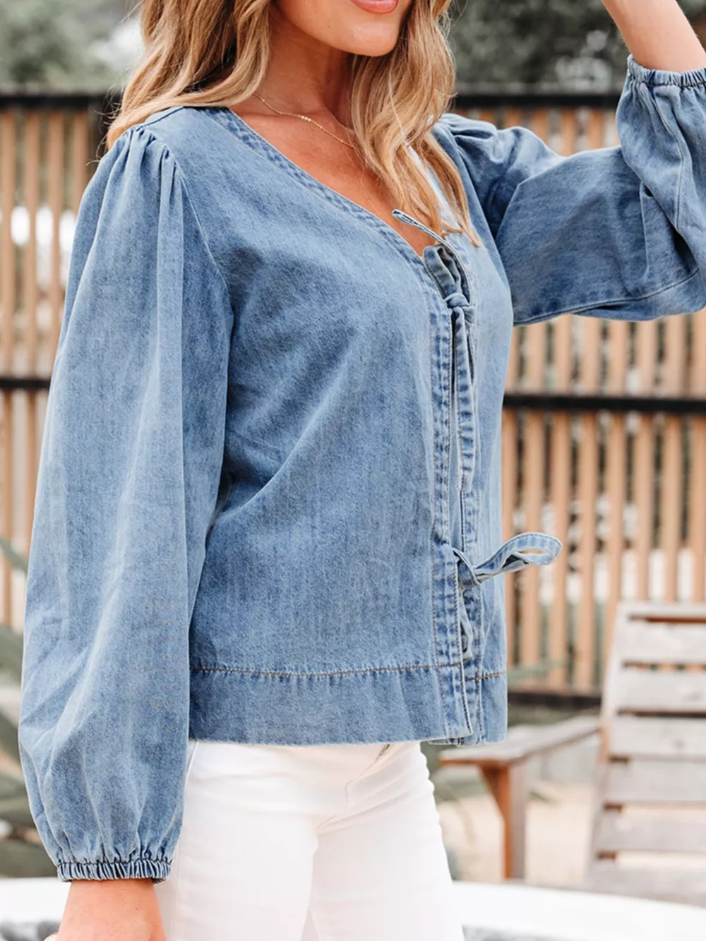 Tied Front Puff Sleeve Denim Top, image 3