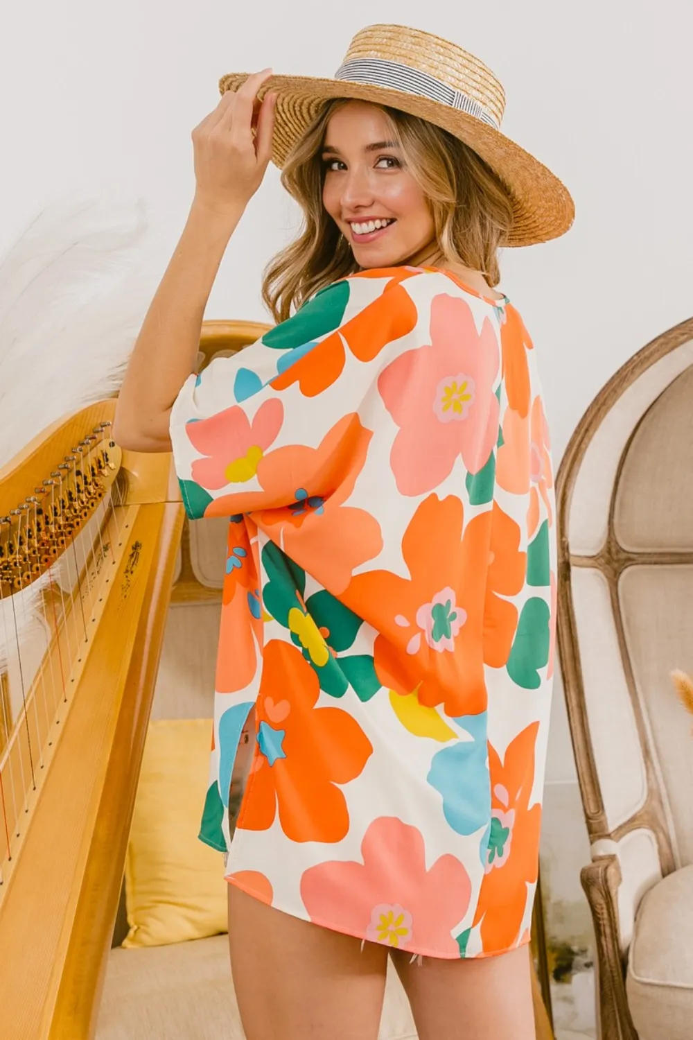 Floral V Neck Slit Side T-Shirt, image 4