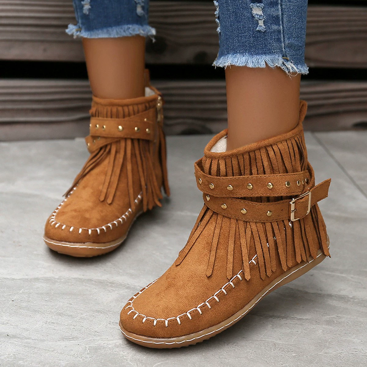 Fringe Studded Suede Flat Boots, image 4