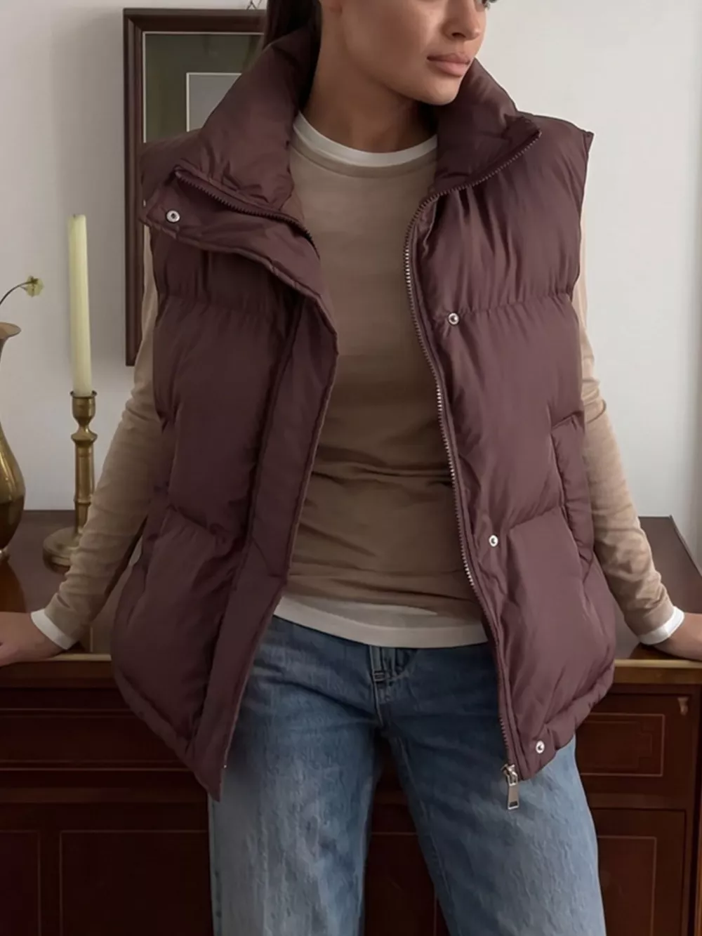 Snap-Button Placket Quilted Puffer Vest Coat, image 9