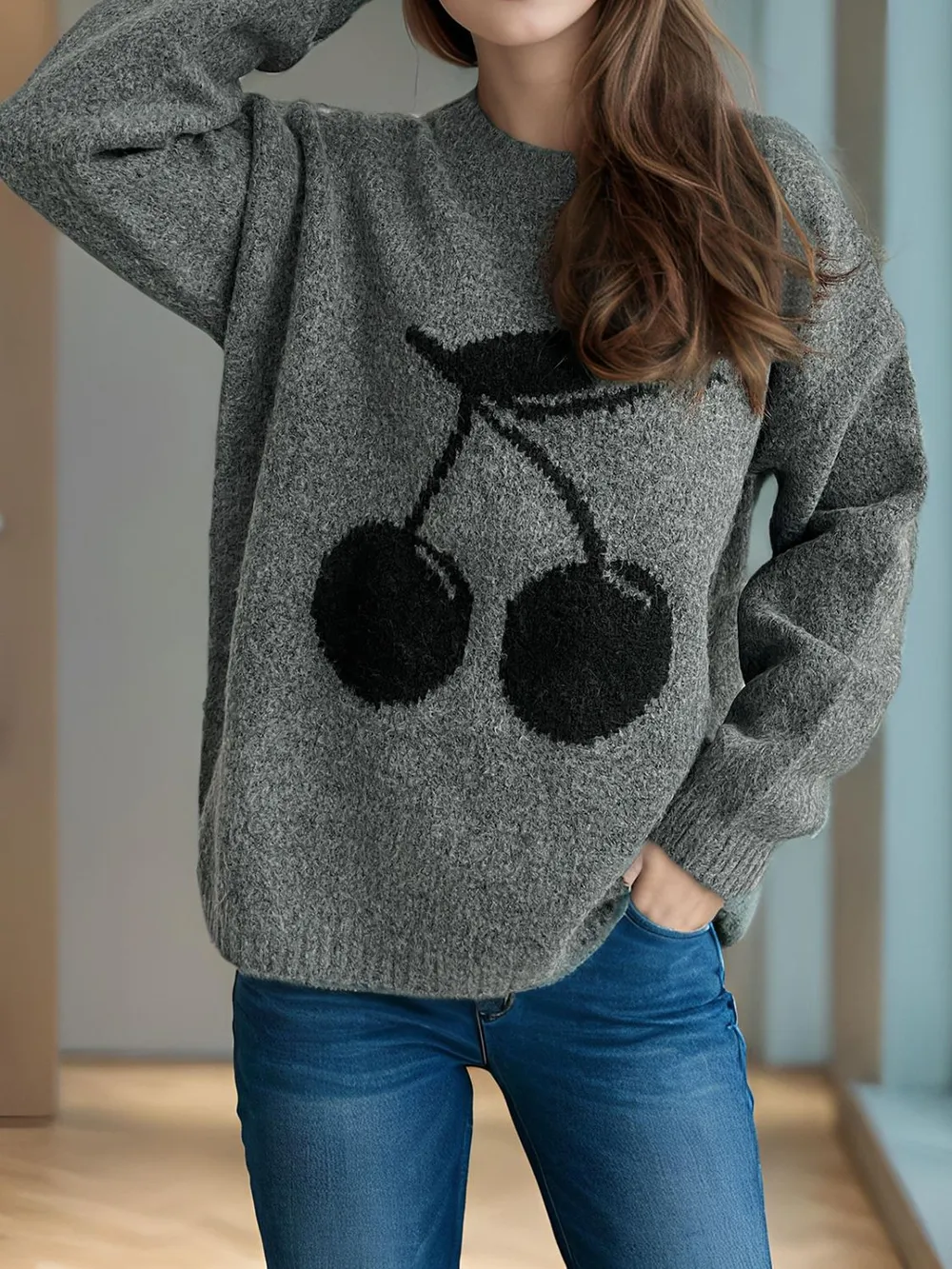 Cherry Round Neck Long Sleeve Sweater, image 2