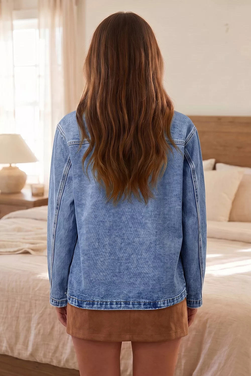 Patchwork Leather Collar Long Sleeve Denim Jacket, image 2