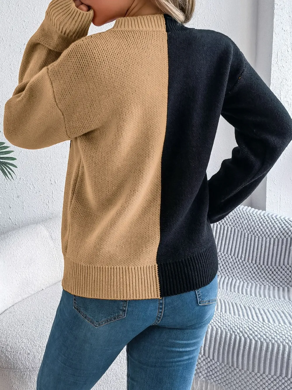 Contrast Round Neck Long Sleeve Sweater, image 7