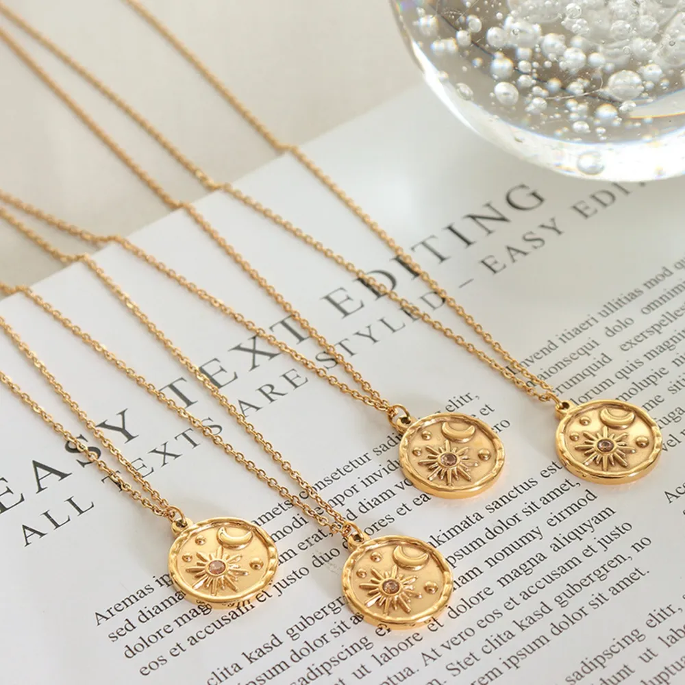 Zircon Titanium Steel Coin Shape Necklace, image 5