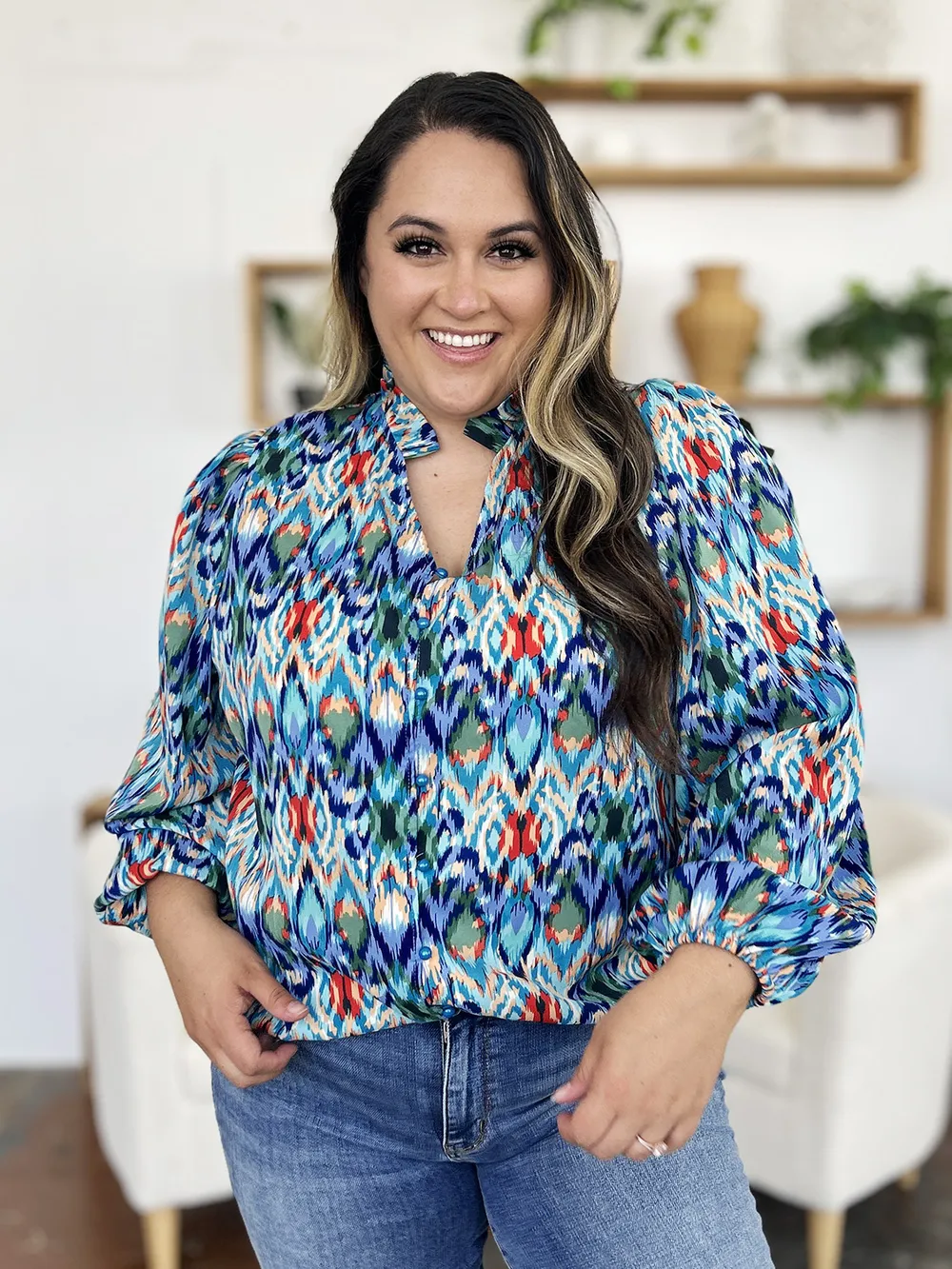 Full Size Printed Balloon Sleeve Blouse, image 12