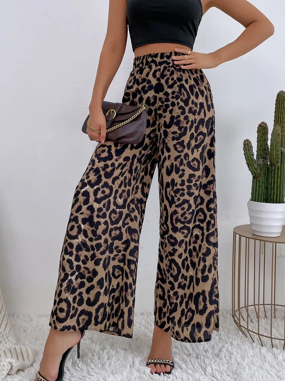Printed Elastic Waist Wide Leg Pants, image 3