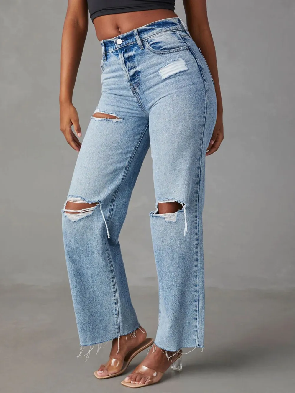 Distressed Straight Leg Jeans with Pockets, image 4
