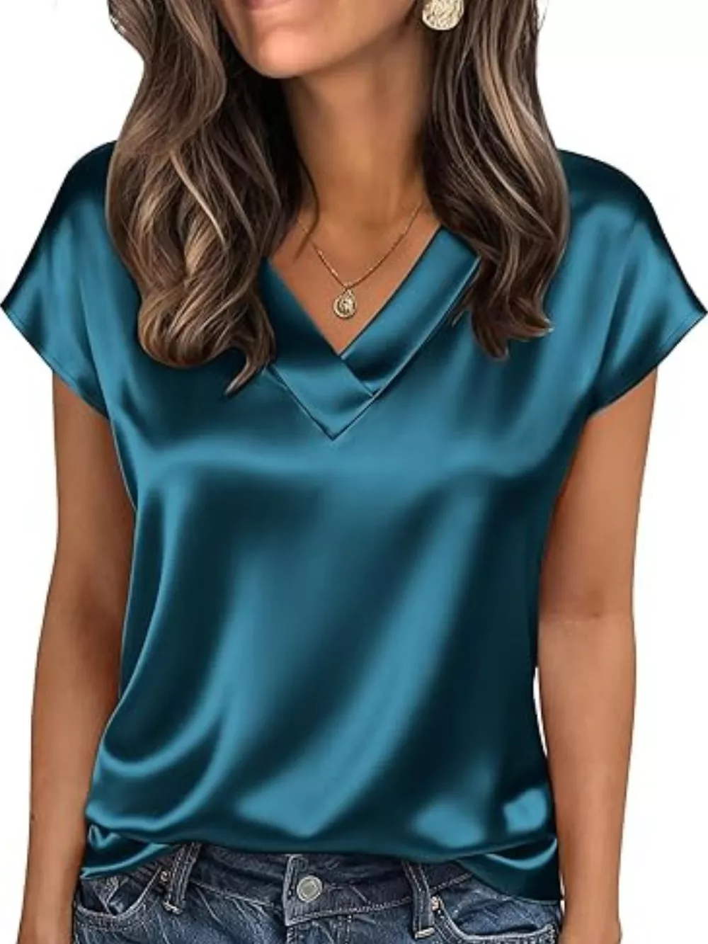 Satin V-Neck Short Sleeve Blouse, image 11