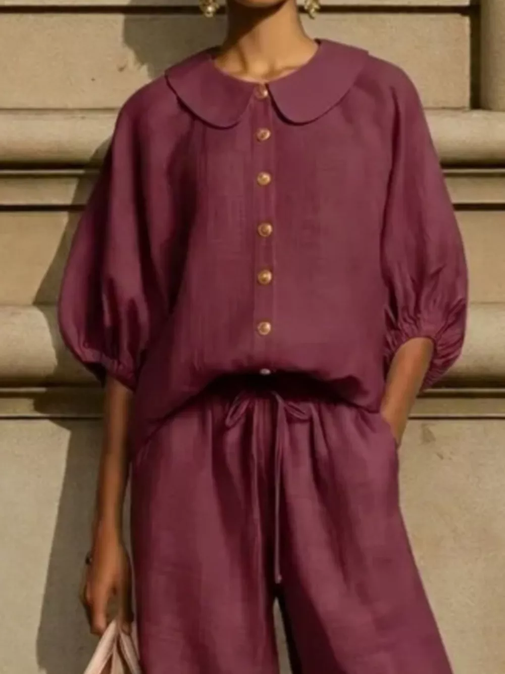 Full Size Button Down Half Sleeve Top and Pants Set Plus Size, image 6