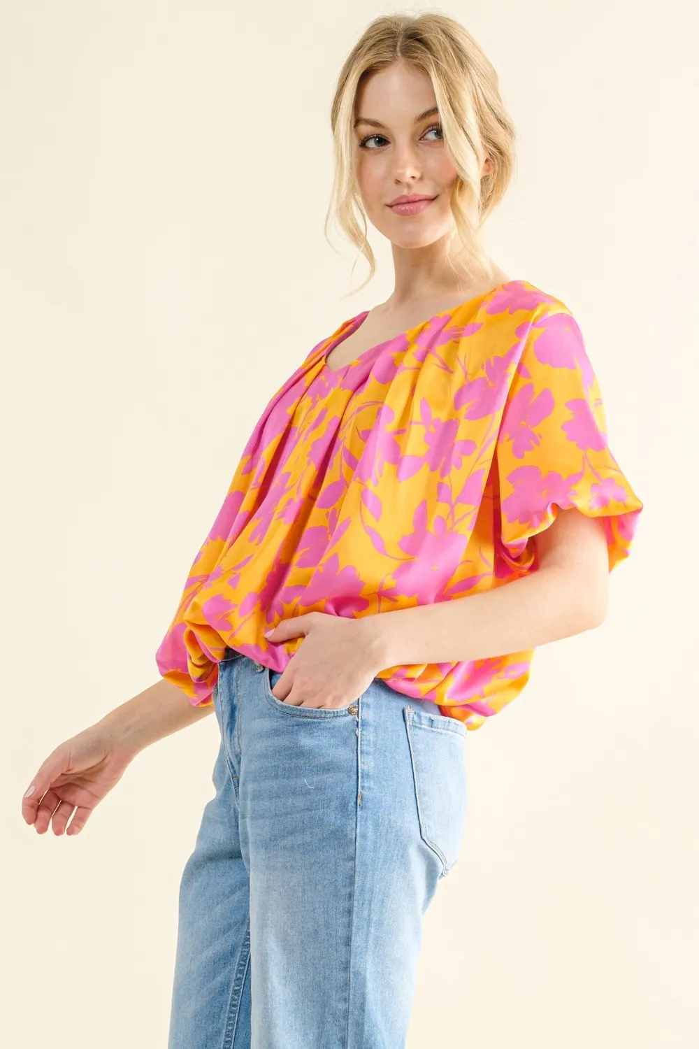 Full Size Printed Satin Bubble Hem Top, image 3