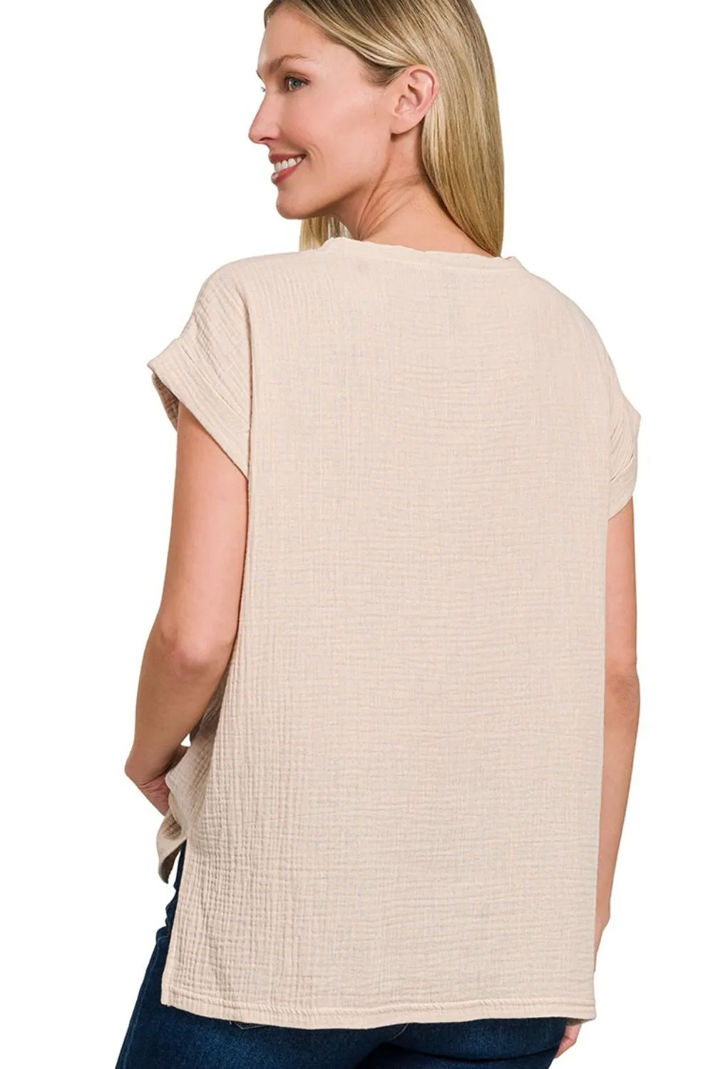 Double Gauze Round Neck Folded Short Sleeve Top, image 2