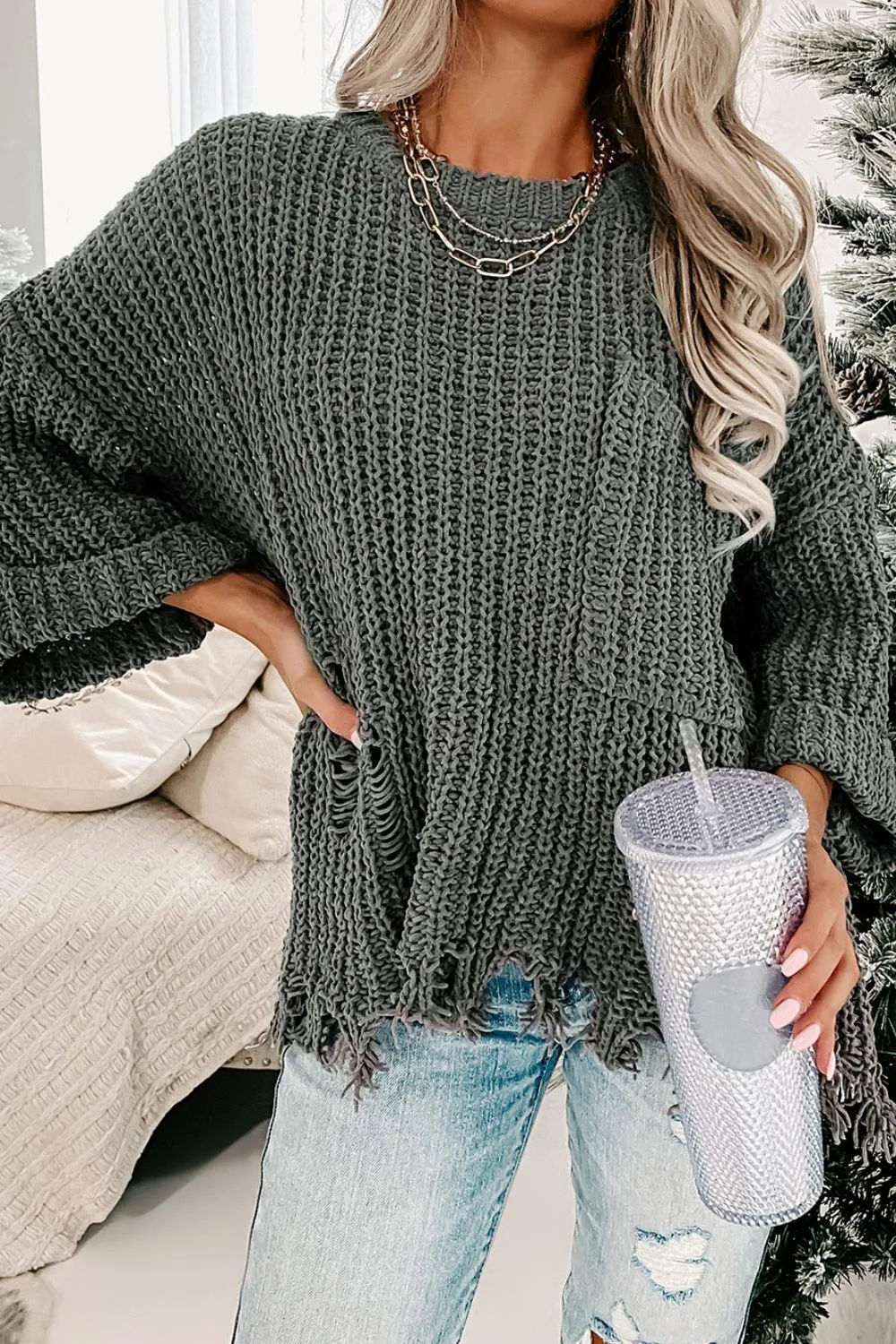 Distressed Round Neck Drop Shoulder Sweater, image 10