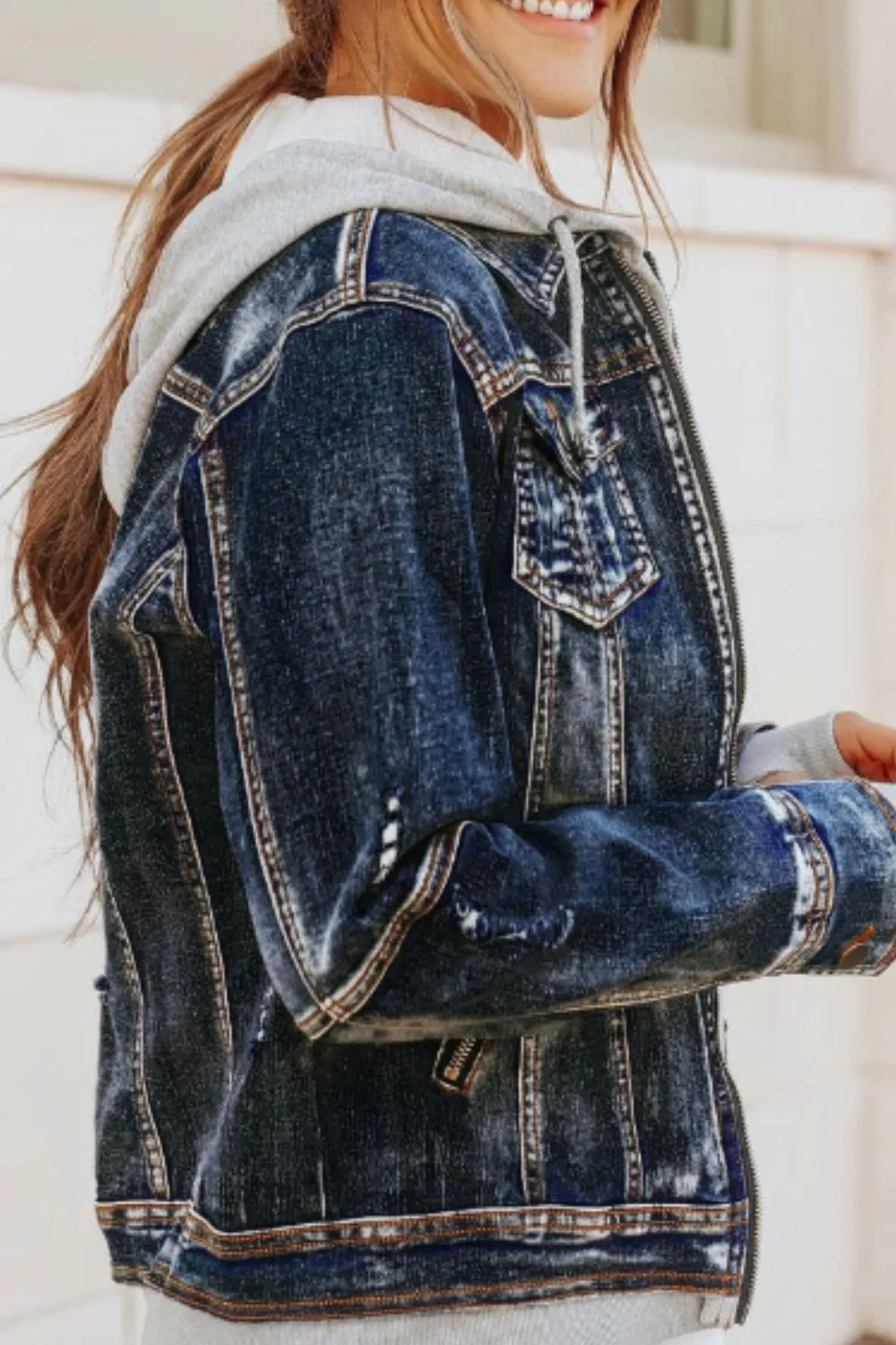 Fake Two-Piece Hooded Zip-Up Denim Jacket, image 11