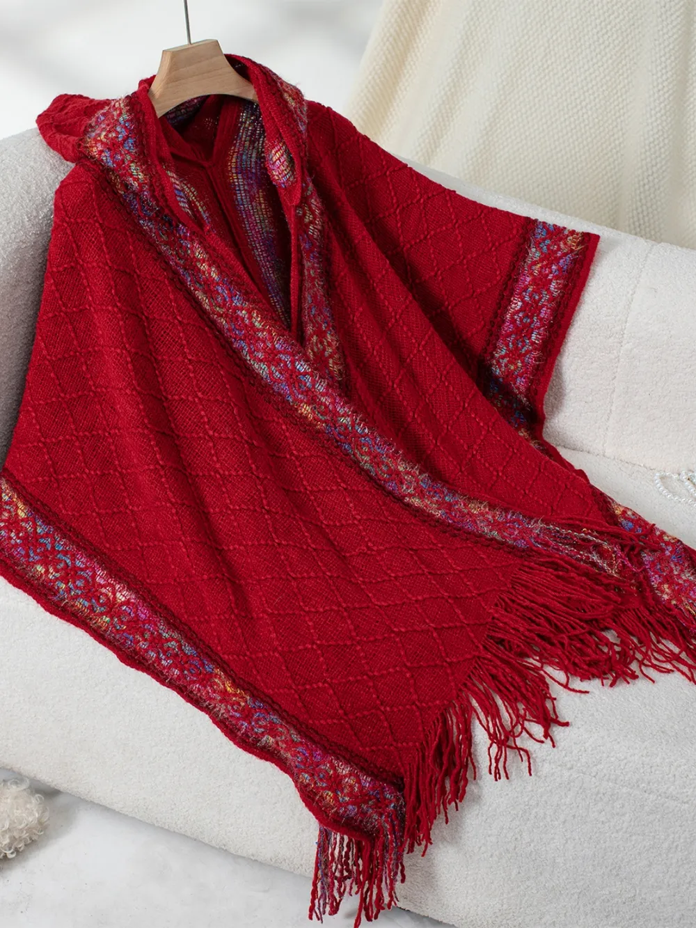 Fringe Half Sleeve Hooded Poncho, image 16