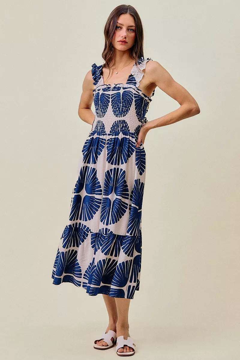 Abstract Print Smocked Bodice Tiered Lined Midi Dress, image 4