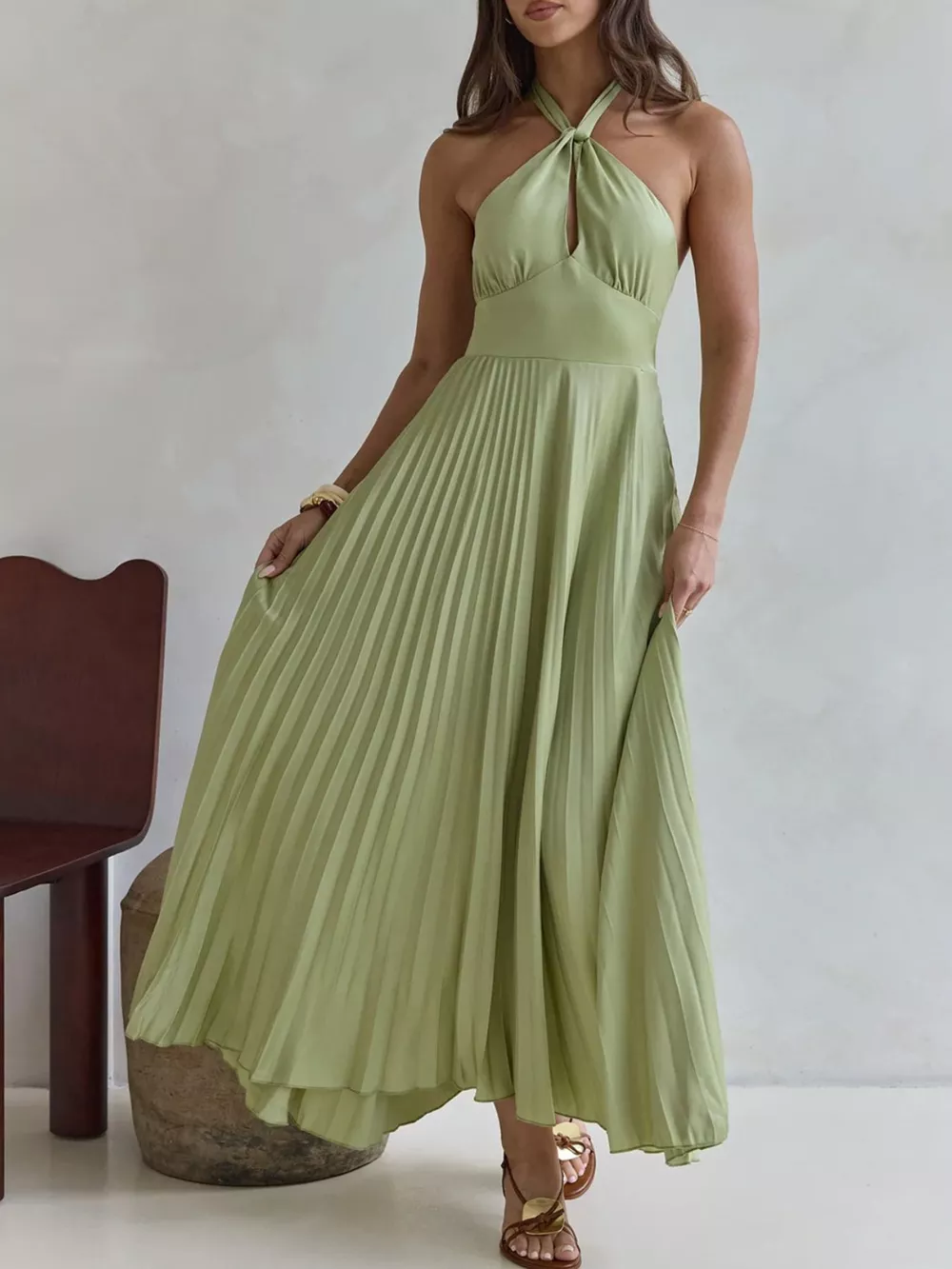 Halter Neck Pleated A-Line Dress, image 13