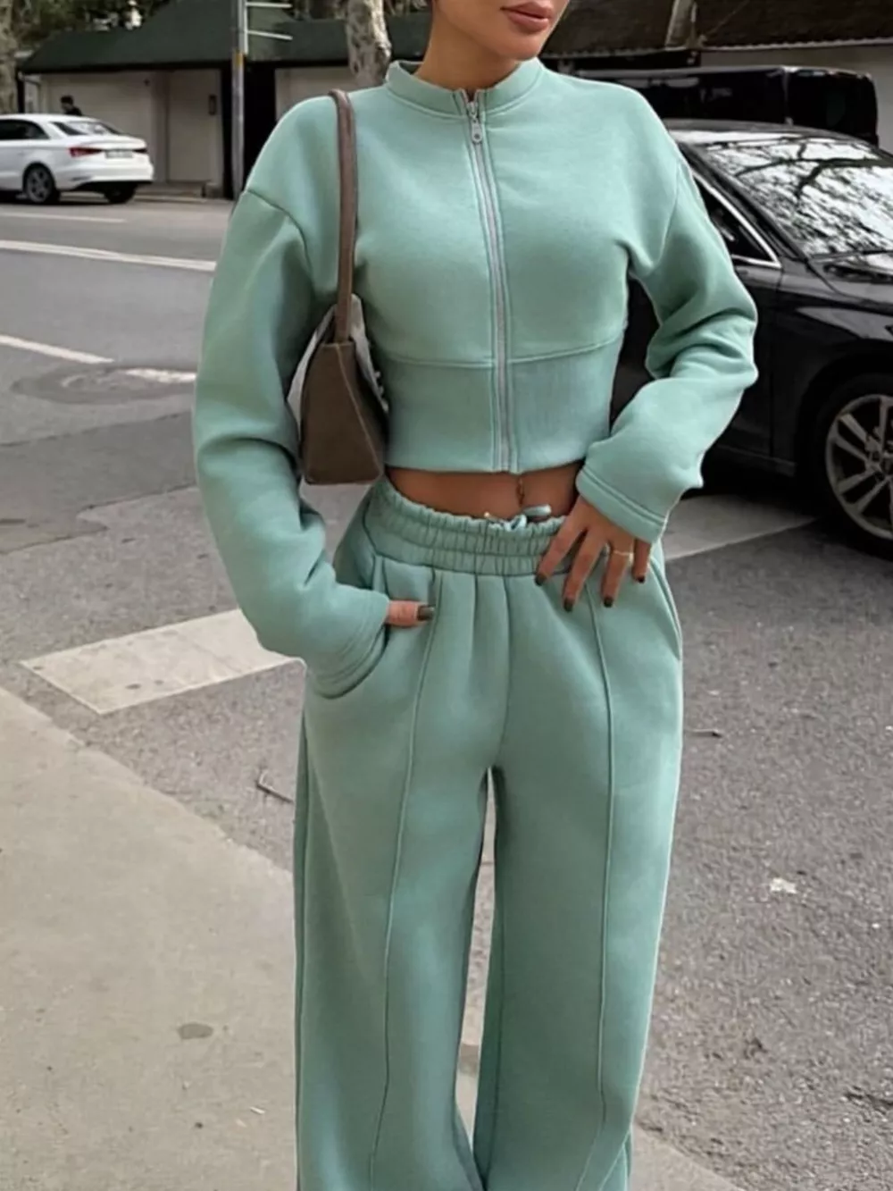 Zip-Up Crop Jacket and Wide-Leg Pants Set, image 14