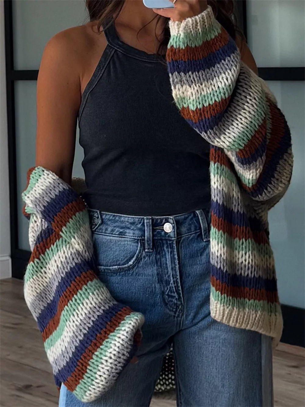 Multi-Color Striped Chunky Knit Open-Front Cardigan, image 8
