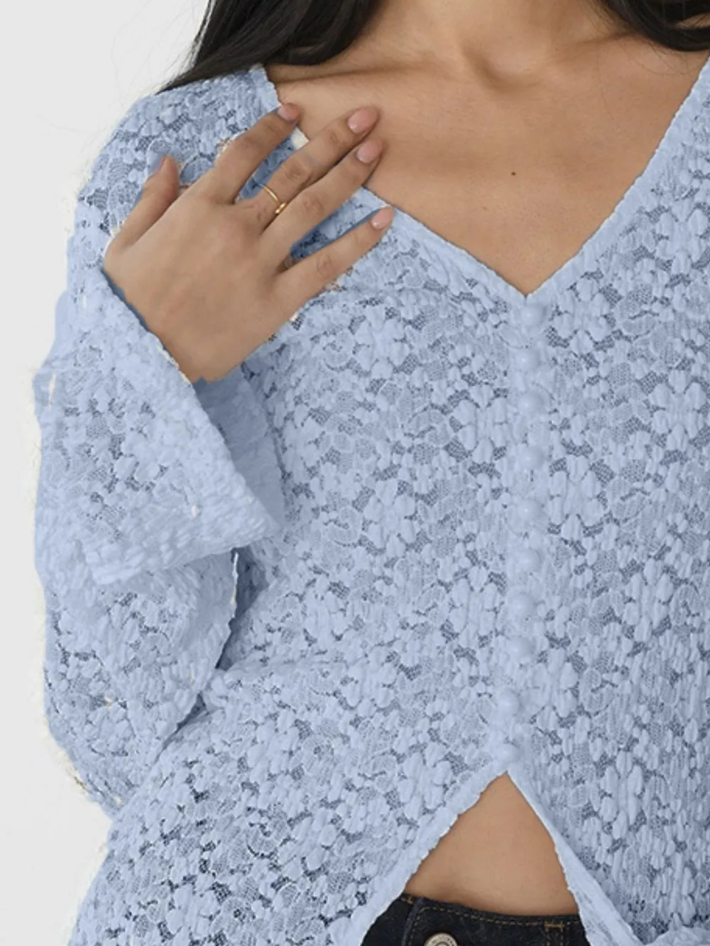 Lace V-Neck Flare Sleeve T-Shirt, image 13