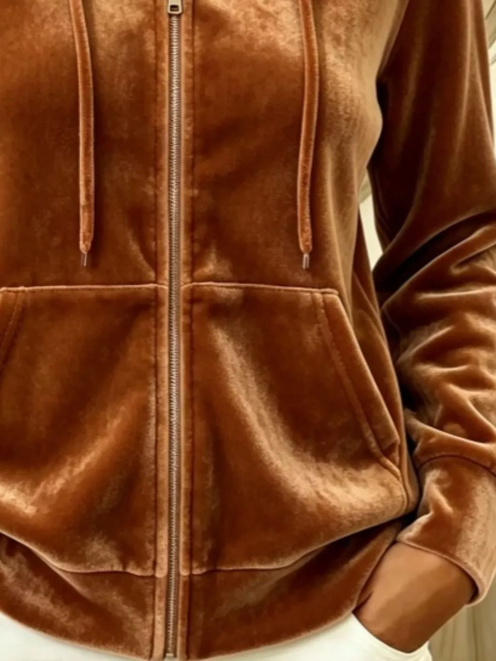 Full Size Velvet Zip-Up Outerwear with Drawstring Plus Size, image 6