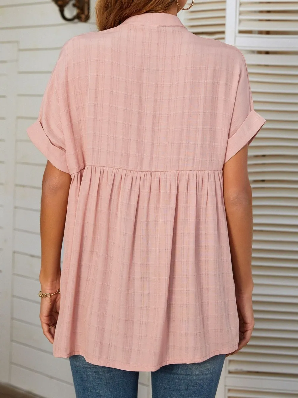 Side Slit Notched Short Sleeve Blouse, image 3