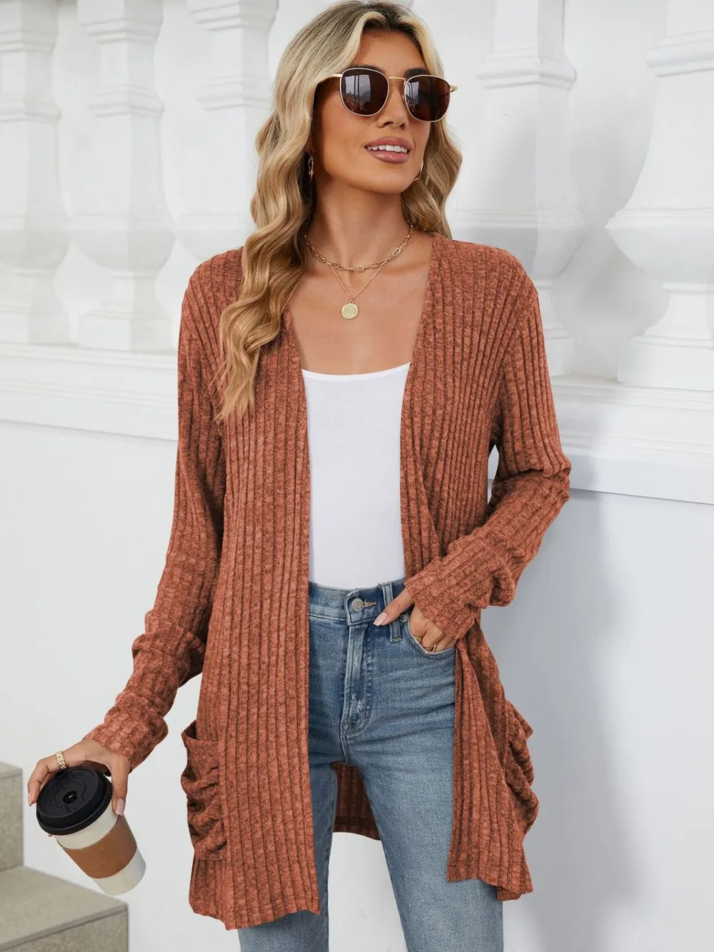 Pocketed Open Front Long Sleeve Cardigan, image 6