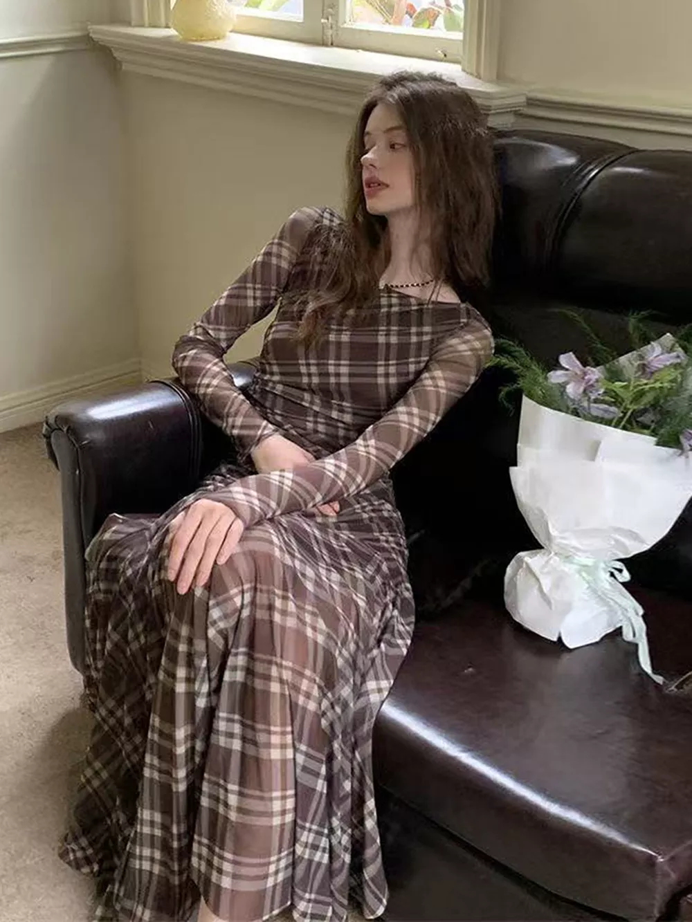 Plaid Long-Sleeve Slim-Fit Maxi Dress, image 4