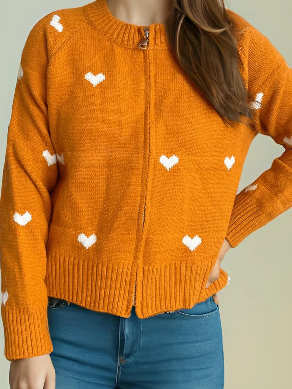 Heart Round Neck Zip Up Cardigan, image 15