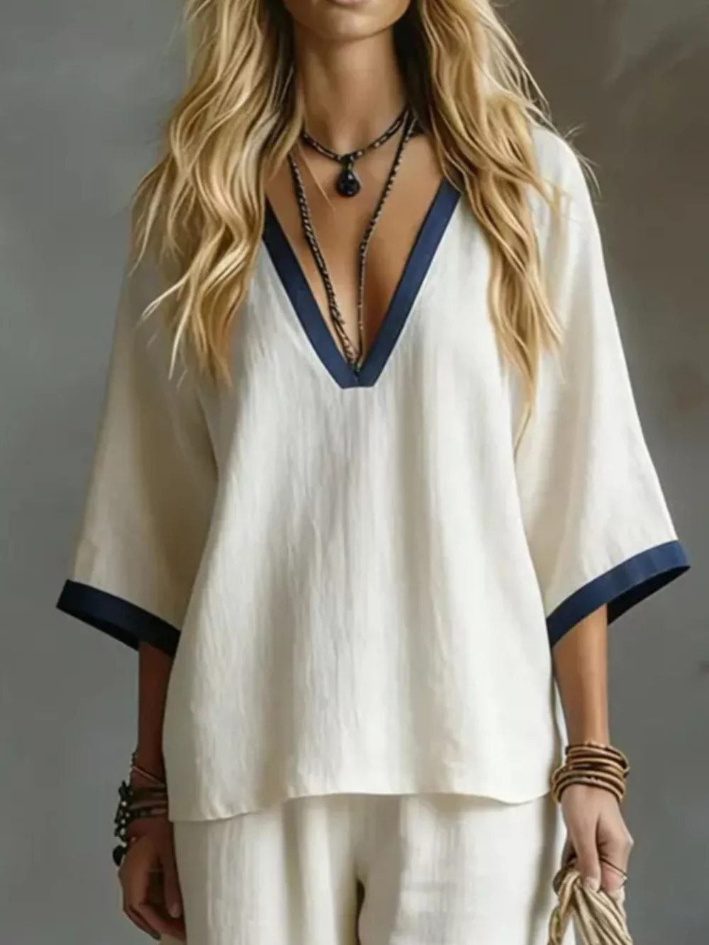 Full Size Contrast Trim V-Neck Top and Pants Set Plus Size, image 3