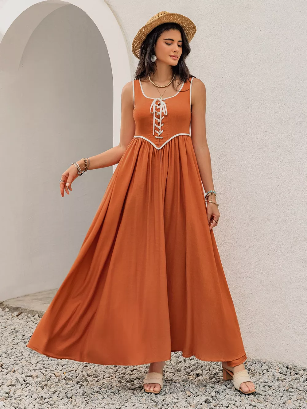 Contrast Trim Lace-Up Maxi Tank Dress, image 4