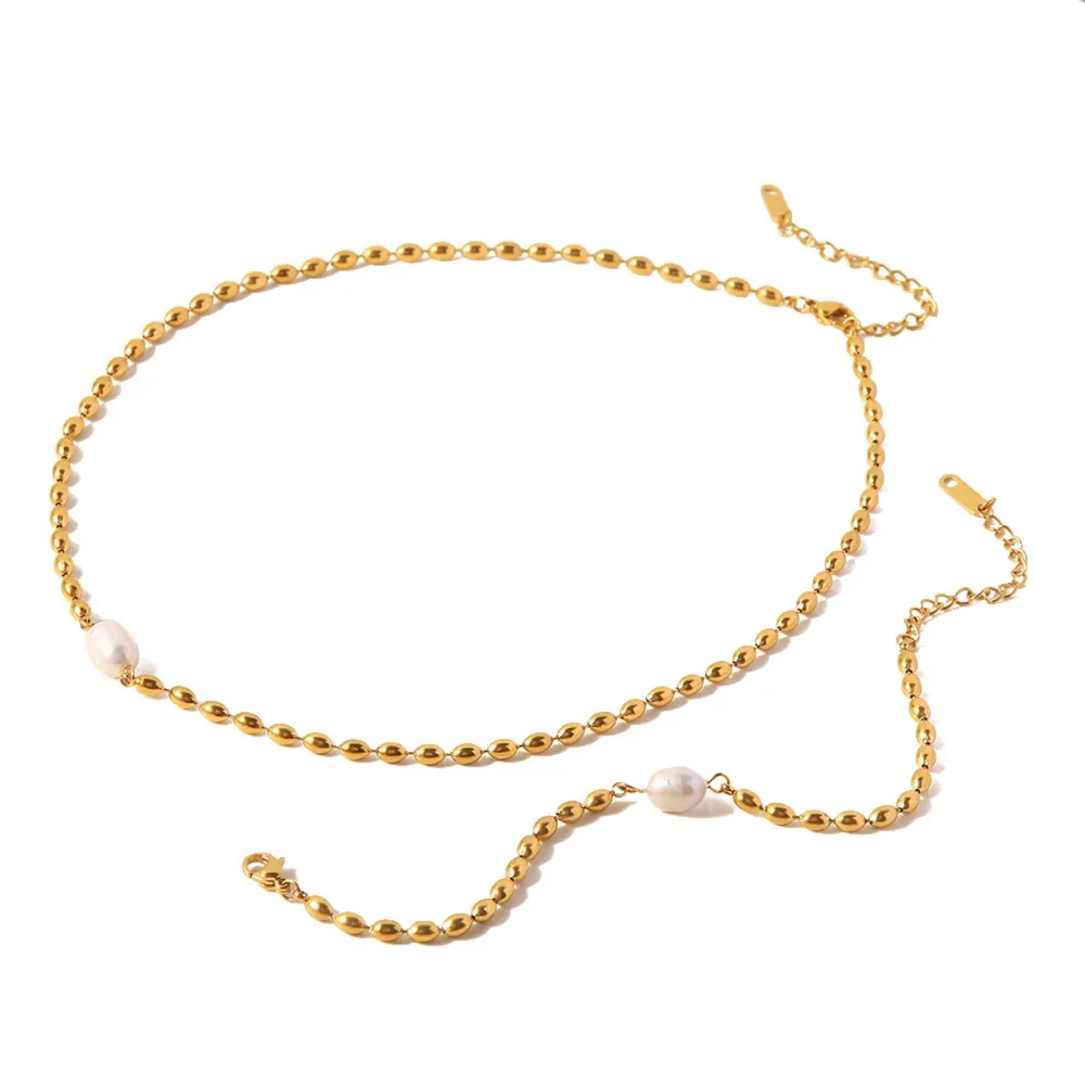 Pearl and Gold Chain Jewelry Set with Necklace and Bracelet, image 7