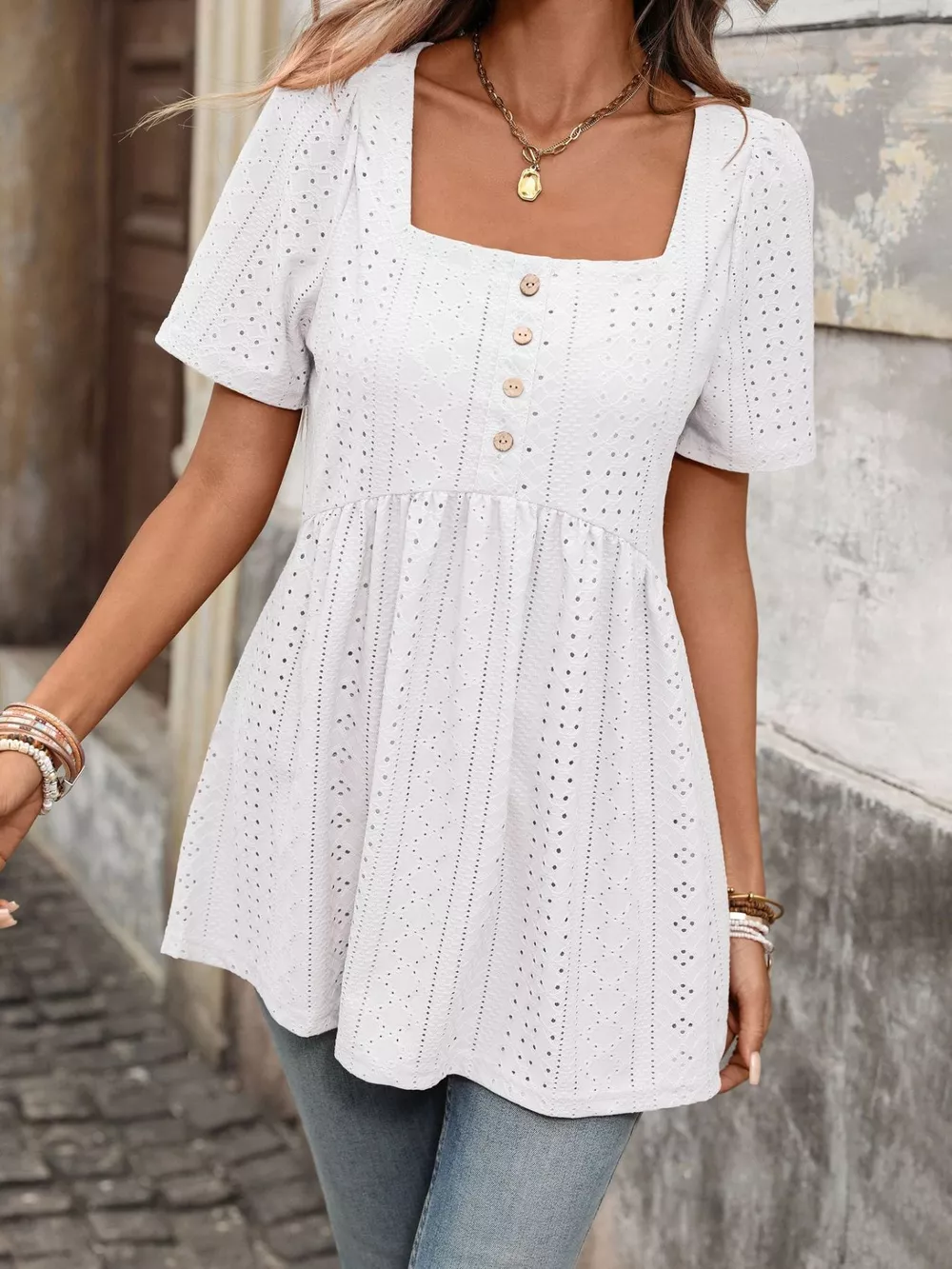 Eyelet Square Neck Short Sleeve Top, image 17