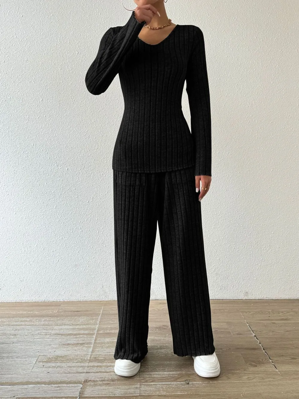 Ribbed V-Neck Long Sleeve Top and Pocketed Pants Set, image 13