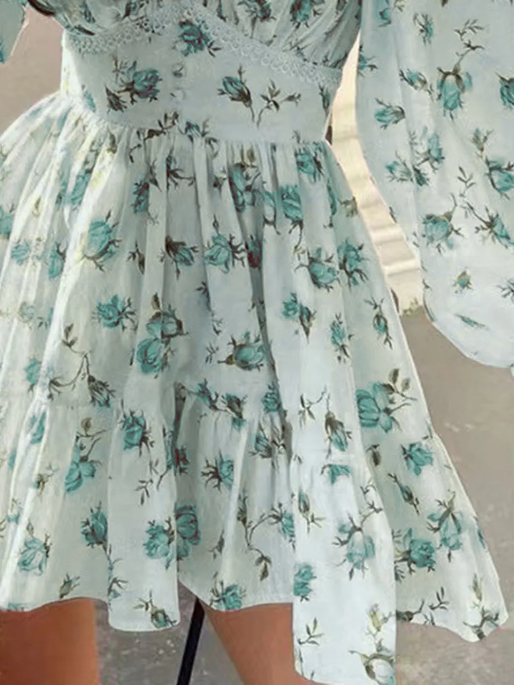 Lace Detail V-Neck Balloon Sleeve Dress, image 8