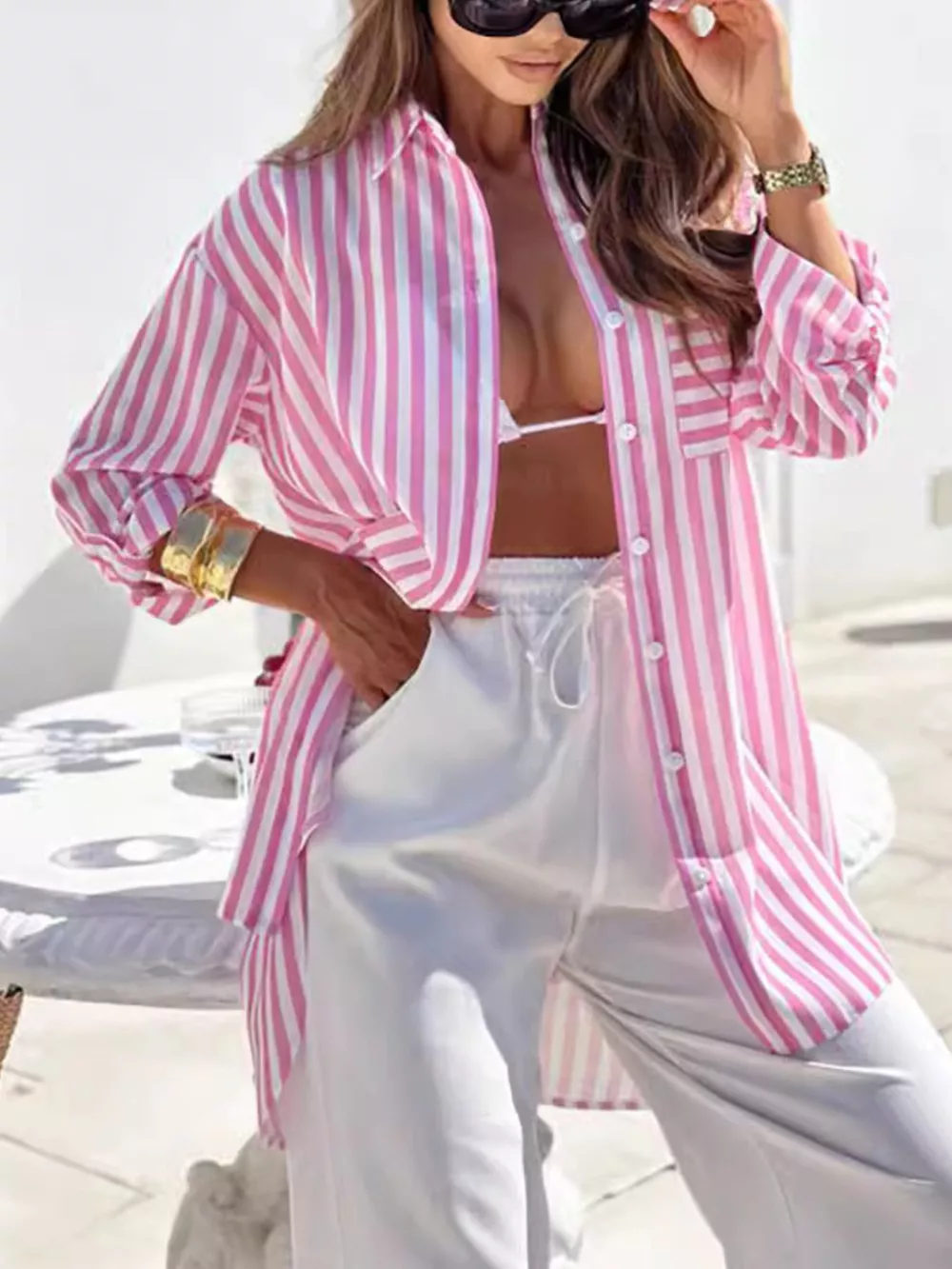 Printed Long Sleeve Tie Waist Oversized Shirt, image 12