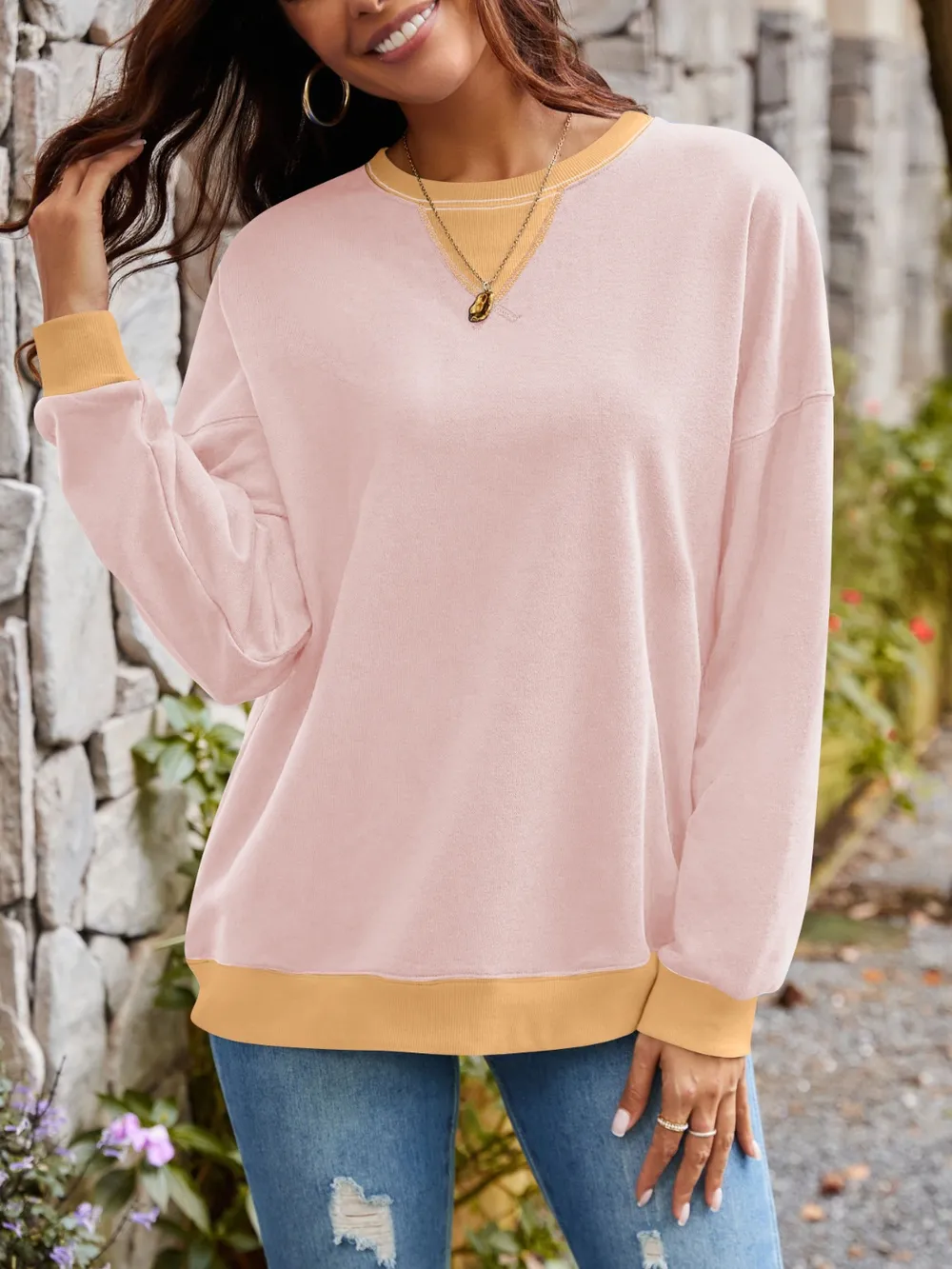 Contrast Round Neck Long Sleeve Sweatshirt, image 12
