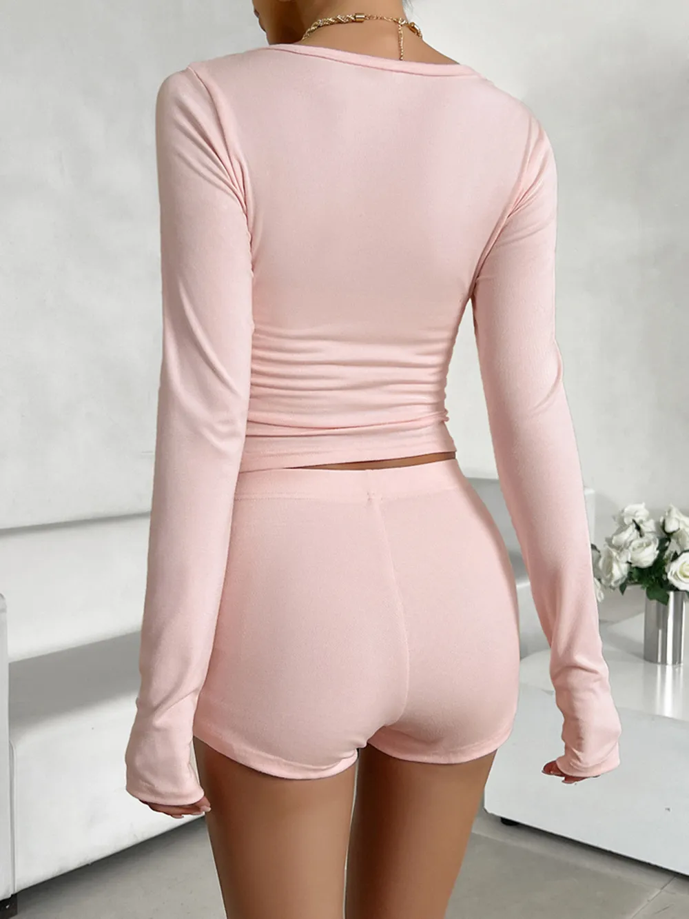 Scoop Neck Long Sleeve Top and Shorts Set, image 10