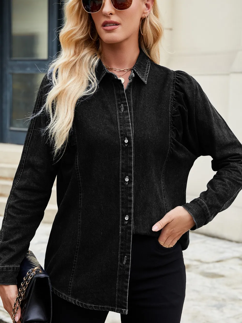 Button Down Collared Neck Denim Shirt, image 6