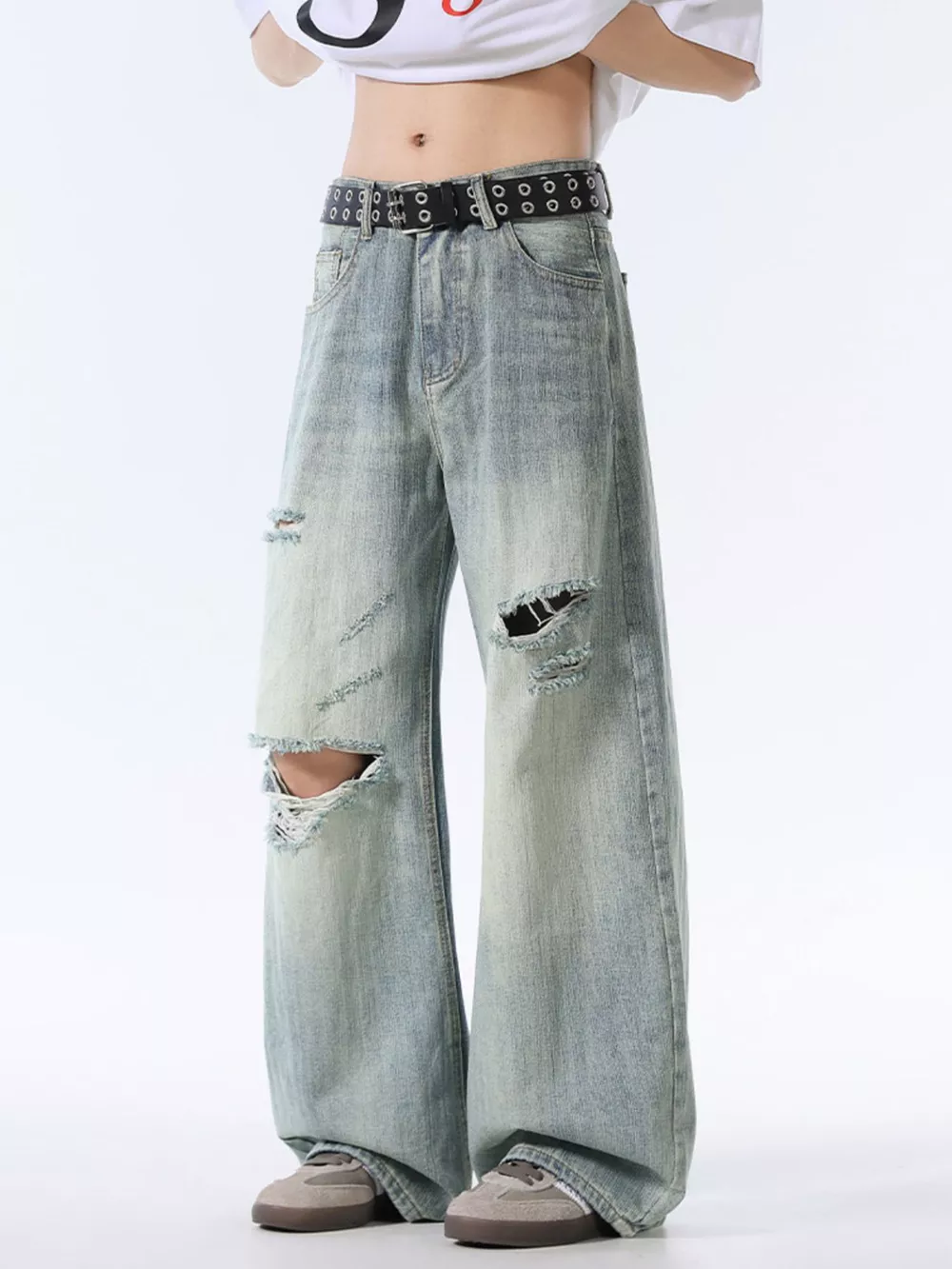 Men's Wash Distressed Wide Leg Jeans, image 6