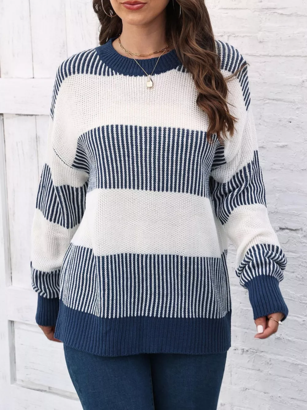 Full Size Color Block Dropped Shoulder Sweater Plus Size, image 2
