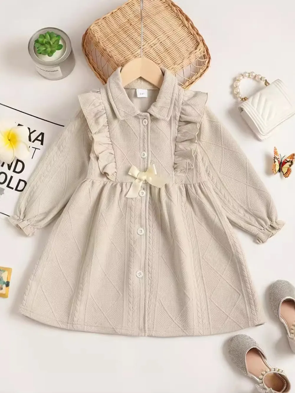 Children's Ruffled Bow Collared Neck Dress