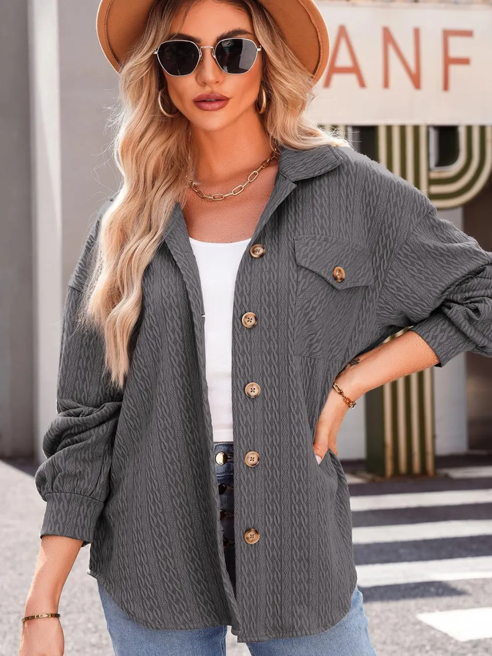 Textured Button Up Long Sleeve Shacket, image 2