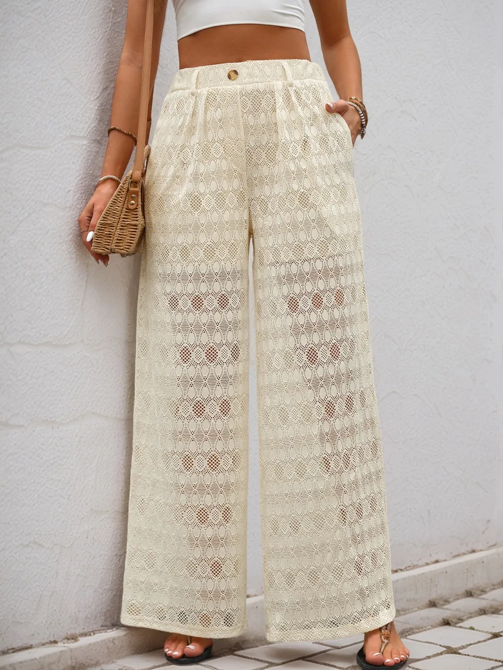 Decorative Button Wide Leg Pants, image 7