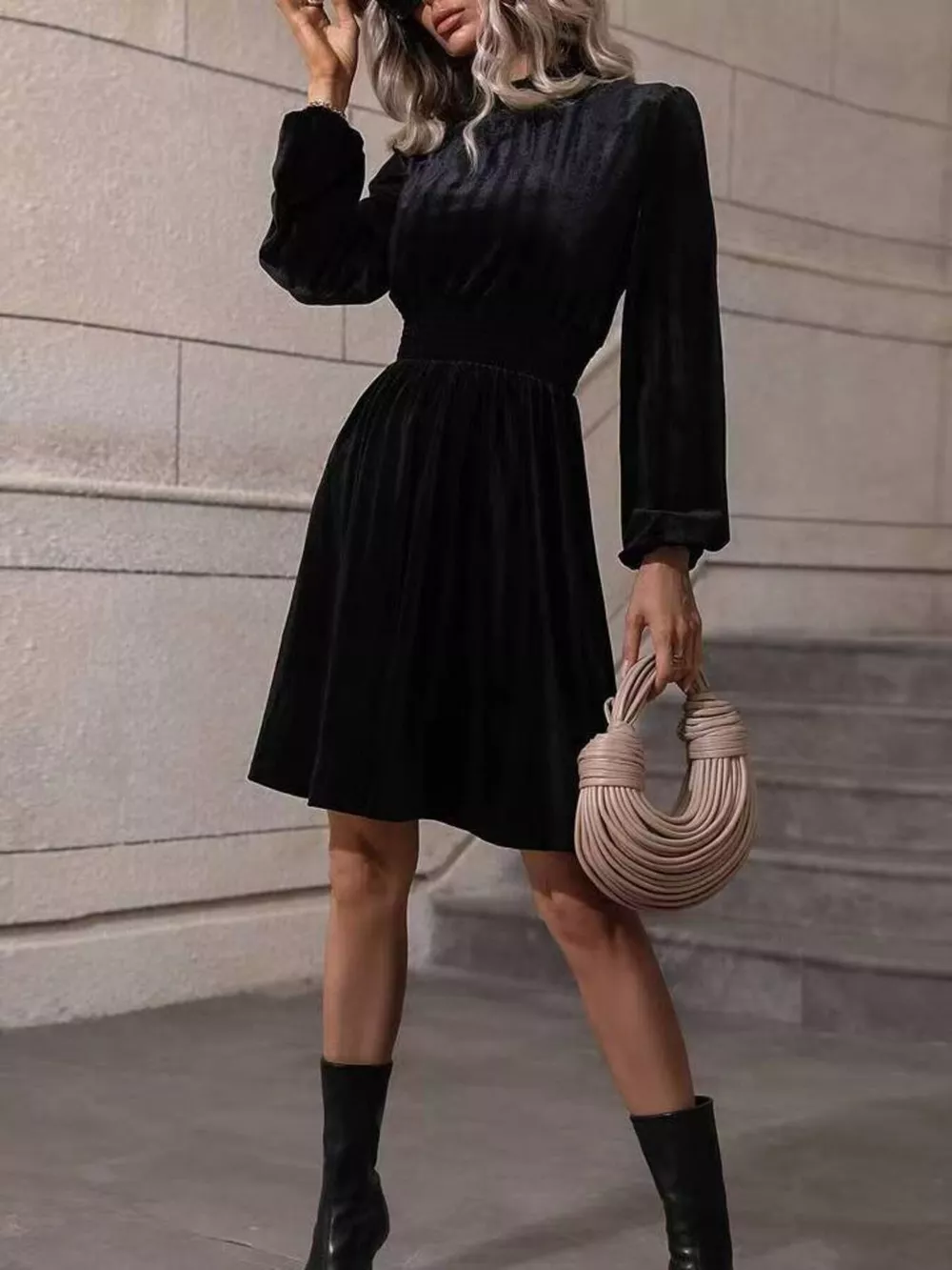 Velvet High Neck Long Sleeve A-Line Dress