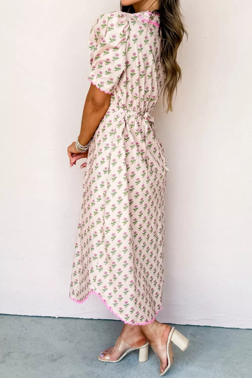 Floral Print V Neck Scallop Trim Button Front Short Sleeve Dress, image 3