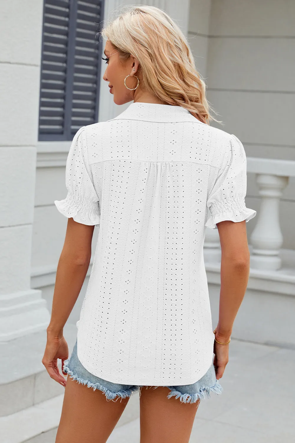 Eyelet Johnny Collar Short Sleeve Blouse, image 3