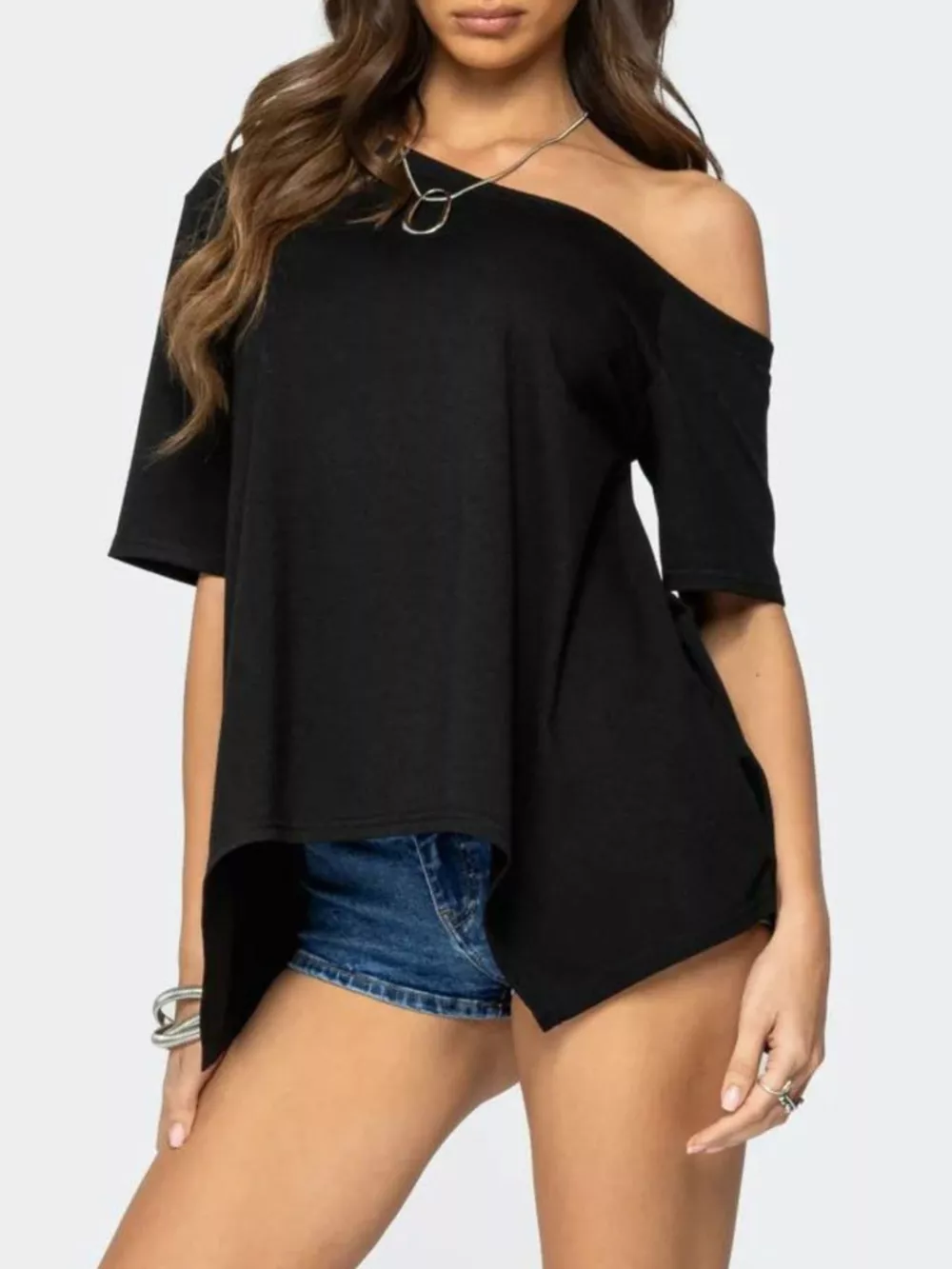 Off-Shoulder Flowy Hem T-Shirt, image 3
