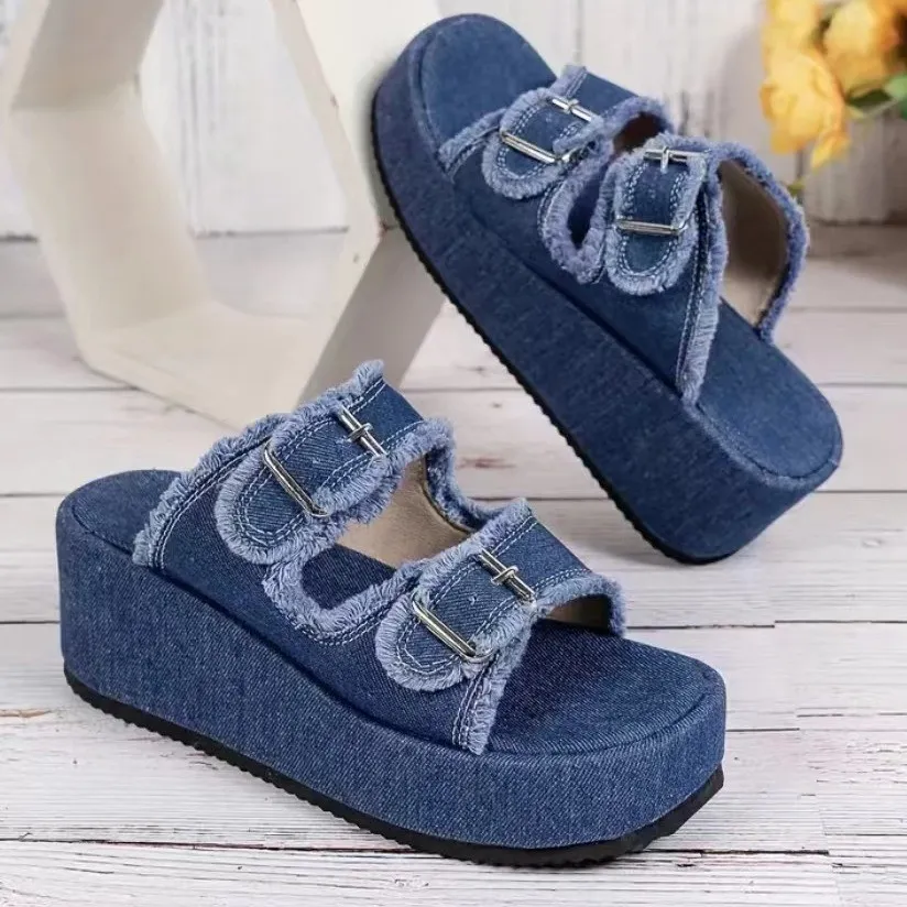 Raw Hem Wedge Buckle Sandals, image 7
