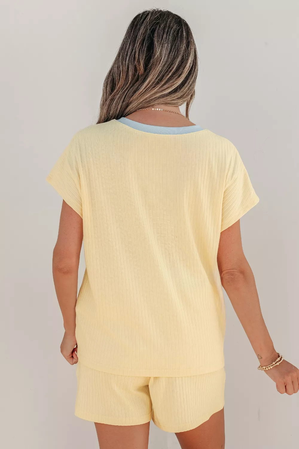 Soft Ribbed Color Block Trim Casual Short Set, image 3