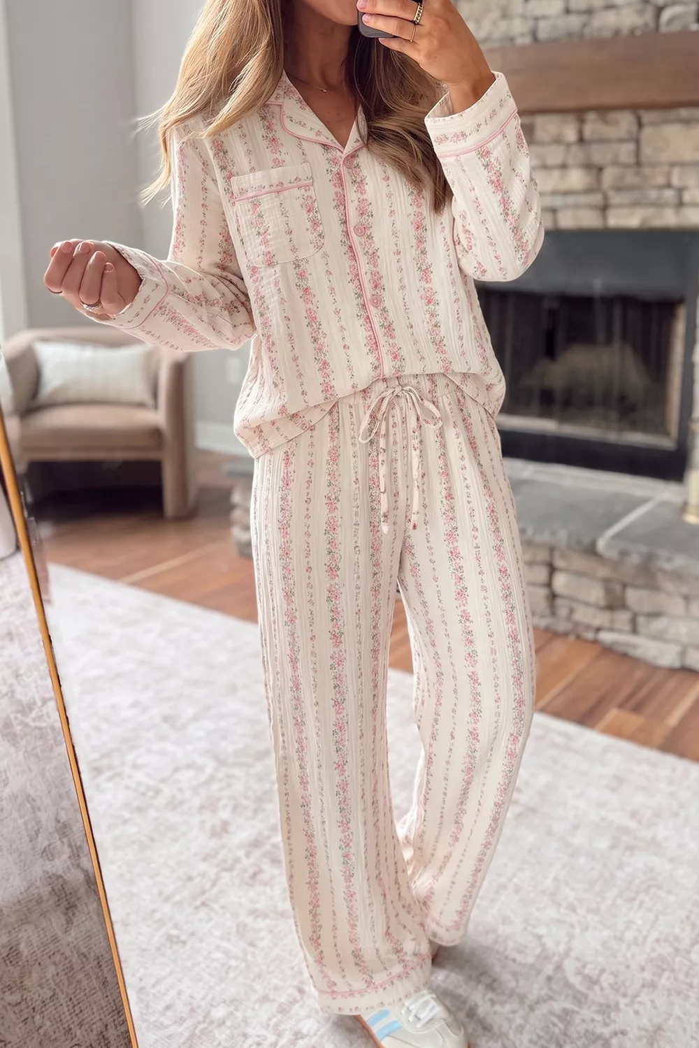 Floral Print Button-Down Top and Pants Loungewear Set